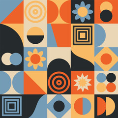 Colorful, retro geometric modern style pattern - bauhaus and brutalism inspired, seamless vector pattern