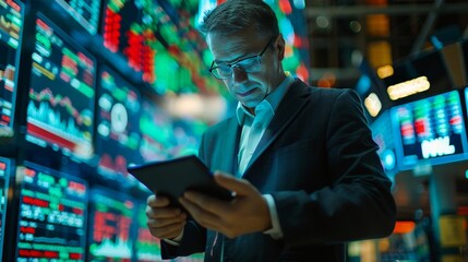 A financial analyst reviewing data on a tablet with a background of stock exchange tickers