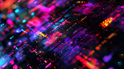digital abstract background with neon colors and glowing patterns, representing the vibrant world of technology and data visualization