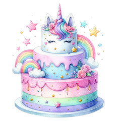 Unicorn Cake - A delightful illustration of a unicorn cake with rainbows and stars, ideal for birthday, celebration, and fantasy-themed designs.