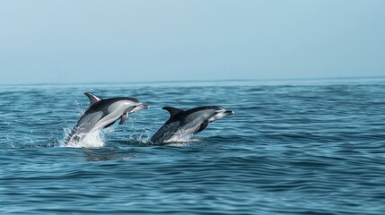 Naklejka premium A pair of dolphins leaping out of the ocean against a clear blue sky 