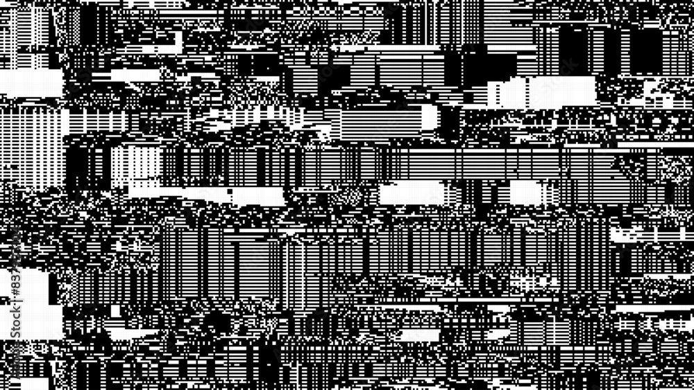 Poster Glitch CCTV Monitor Digital Pixel Lines Background. Abstract Signal Damage Noise Effect. Video Damage Error. VHS Overlay Texture. Vector Illustration.
