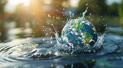 Celebrate World Water Day with an image of Earth, a water splash, and a natural backdrop, emphasizing sustainability and the importance of saving water.