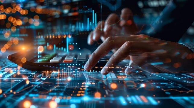 Financial Success Hands Calculating Growth on Digital Screen