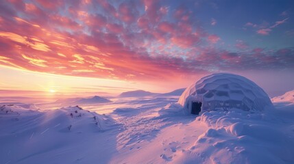 Igloo standing in a beautiful winter landscape full of snow at sunset