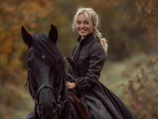 Fototapeta premium Blonde woman smiles, leans on black horse's back while riding.