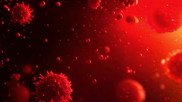 close up of a red and blue virus with red blood cells surrounding it. The red blood cells are scattered throughout the image, with some closer to the virus and others further away