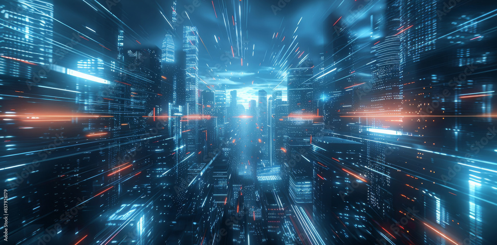 Leinwandbilder futuristic cityscape with digital screen buildings displaying tech ads. generative ai.