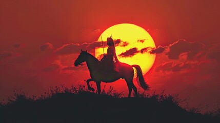 Illustration of a shivaji maharaj silhouette on horse at sunset