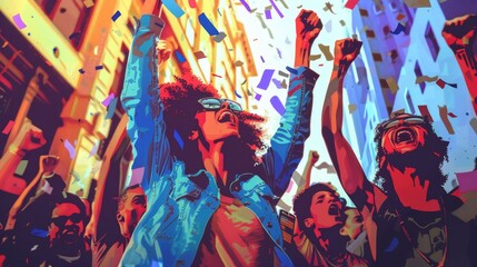 Illustration of a group of people celebrating with raised fists and confetti in an urban setting.