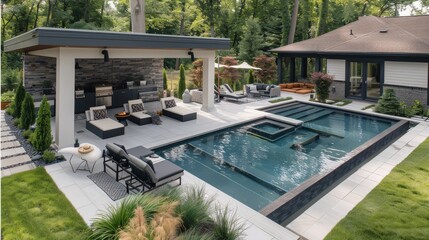 Fototapeta premium A stunning modern backyard with pristine landscaping, beautiful designed beds, modern grill, gazebo and modern fire pit, beautiful pool. Generative AI.