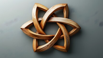 Modern wooden knot sculpture on gray background showcasing intricate design and natural wood texture, perfect for interior decoration or as a conceptual art element, highlighting craftsmanship