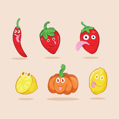 Bundle of cute vector illustrations of lemon, chili and pumpkin