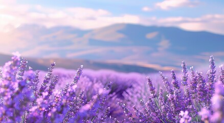 Fototapeta premium Lavender field with a blurred background of a blue sky and distant mountains, a real photo, closeup of lavender flowers