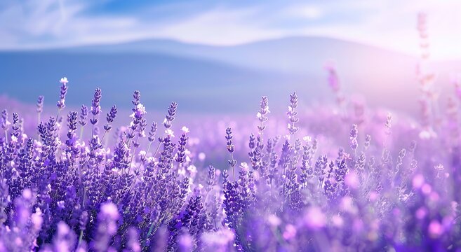 Lavender field with a blurred background of a blue sky and distant mountains, a real photo, closeup of lavender flowers
