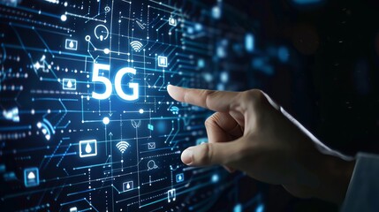Revolutionizing Connectivity 5G Network Technology with Modern Digital Icons and Pointing Hand Gesture