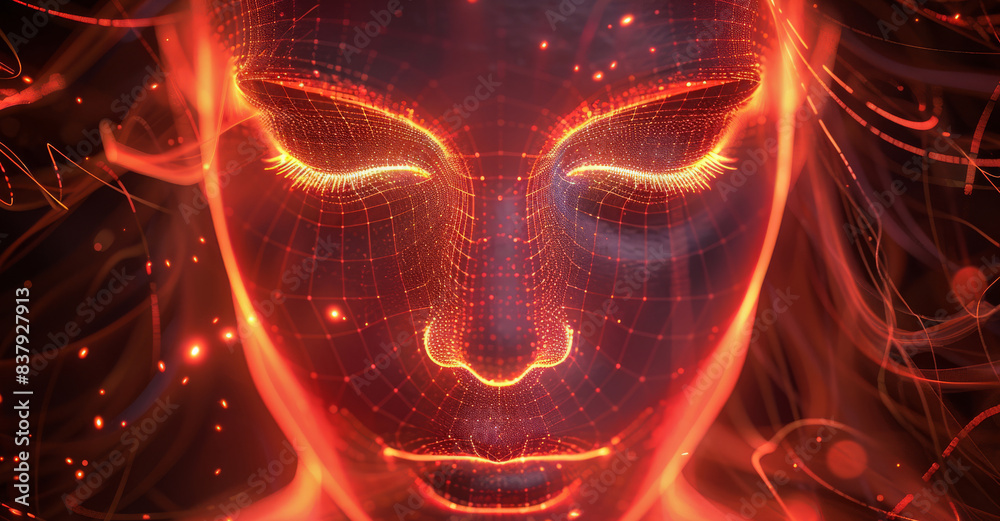 Leinwandbilder an illuminated face with lines and patterns, surrounded by glowing red lights on a black background,