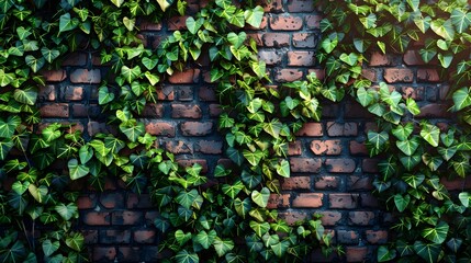 Sunlit green ivy leaves climbing on rustic brick wall creating a beautiful natural urban background perfect for design use showcasing the harmonious blend of nature and architecture in outdoor setting
