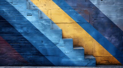 Urban Artistic Staircase With Blue And Yellow Diagonal Stripes On Brick Wall Perfect For Modern Backgrounds Architecture Design Pattern Texture Streetart Colorful Abstract Creative Outdoor