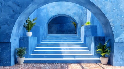 Vibrant blue staircase with arched entryway and green plants in white pots on a sunny day, showcasing colorful architecture and outdoor design elements in a bright and lively setting for stock photo