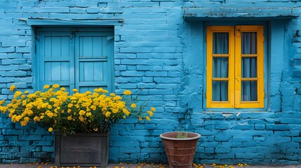Vibrant blue wall with yellow windows and flowers on facade of historic European architecture showcasing colorful contrast and intricate brickwork in urban scene perfect for design and decoration