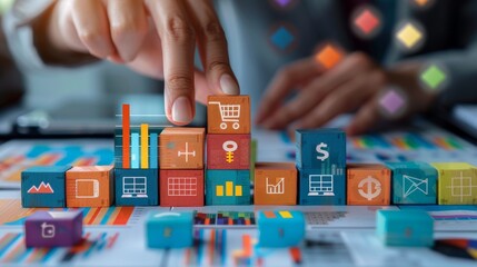 Optimizing Success Creative Hand Arranging KPI Blocks with Business Icons for Growth and Performance Tracking