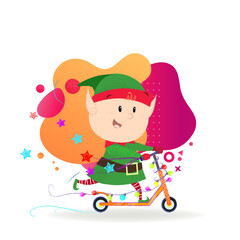 Cheerful elf riding on scooter. Character, fairy, fun. Can be used for topics like transportation, holiday, entertainment