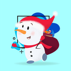 Cheerful snowman carrying sack of gifts. Fun, Christmas present, hurrying, Santa hat. Can be used for topics like Christmas, character, winter