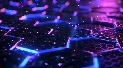futuristic pattern of interconnected, glowing hexagonal shapes in neon colors on a dark background, creating a digital, tech-inspired aesthetic