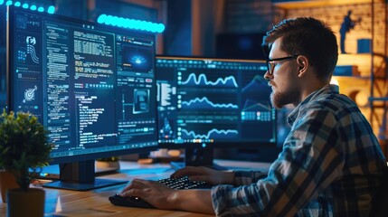 In the Evening Creative Young Video Game Developer Works on a Desktop Computer with Screen 3D Videogame Level Design