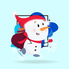 Cheerful snowman carrying sack of gifts. Fun, Christmas present, hurrying, Santa hat. Can be used for topics like Christmas, character, winter