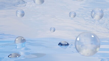 Dreamy Abstract Landscape with floating spheres in a pool of pastel iridescent waters. Beautiful 3d rendered fantasy aquascape.  