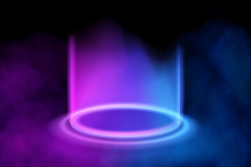 Magical sci-fi portal shrouded in haze. Round light frame, futuristic teleporter. light effect. Neon lights illuminate night scene with glitter on black background. Light effect of an empty podium	