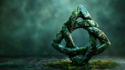 Enigmatic Verdigris Celtic Knot Sculpture on Mossy Surface with Ethereal Bokeh Background Highlighting Intricate Details and Textures of the Interwoven Bronze Artistic Piece with Ancient Symbolism