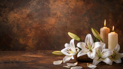 Fototapeta premium beautiful white lilies and burning candles arranged on a table, set against a softly blurred background, offering a serene and elegant ambiance with ample space available for text placement.