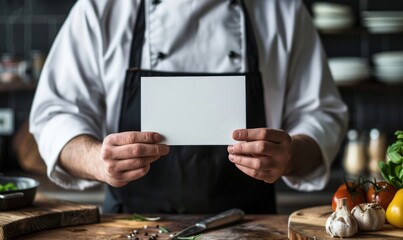 chef holding blank white card in kitchen
