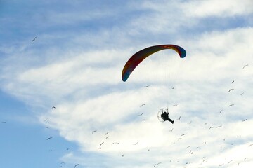 Man paragliding high in the blue sky with colorful parachute