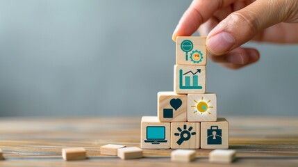 Strategic Success Hand Stacking Business Blocks with KPI Icons for Growth and Achievement