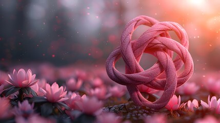 Enchanting Pink Knot Amidst Blossoming Lotus Flowers in Ethereal Light, Fantasy Nature Scene, Abstract Pink Knot, Lotus Flowers, Ethereal Light, Fantasy Nature, Enchanting Blossoming Petals