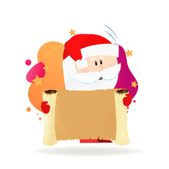 Cute Santa Claus holding blank scroll. Christmas design element. For greeting cards, leaflets, brochures, invitations, posters or banners.