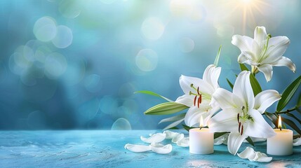 beautiful white lilies and burning candles arranged on a table, set against a softly blurred background, offering a serene and elegant ambiance with ample space available for text placement. © lililia