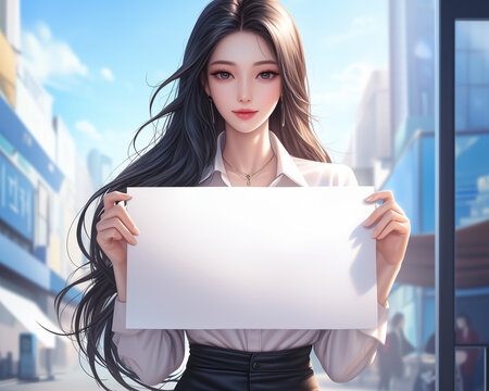 catoon style illustration of very beautiful  office lady in white shirt showing blank white sign.