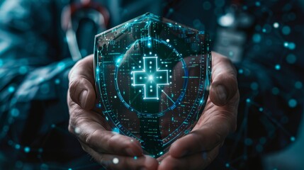 Guardian of Health Innovative Healthcare Technology Concept with Hands Holding Digital Shield and Medical Cross Symbol