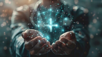 Guardian of Health Innovative Healthcare Technology Concept with Hands Holding Digital Shield and Medical Cross Symbol