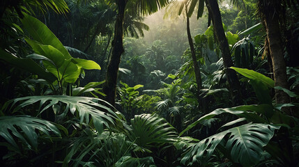 Naklejka premium Tropical leaves wallpaper, Tropical Landscape Wallpaper, green background, nature background, jungle background, story book background