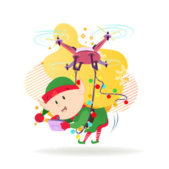 Elf with digital tablet tied to quad copter with xmas lights. Vector illustration of cartoon element on blue background. Christmas delivery, event, character. Can be used for postcard, poster, leaflet