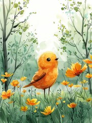 Cute orange bird standing among yellow flowers in a lush green forest, creating a whimsical and vibrant spring scene with soft, watercolor-style artwork