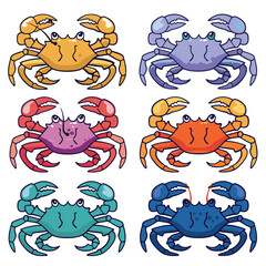 Eight colorful crabs illustrated various hues, featuring distinct claw body shapes. Crustaceans exhibit diversity coloration, yellow purple. Marine life, multiple species crabs, cartoon style