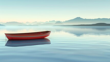 Naklejka premium A red boat sits in the middle of a calm lake