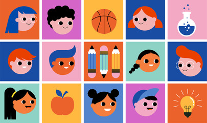 Back to school concept pattern illustration, banner, background. Geometrical style design